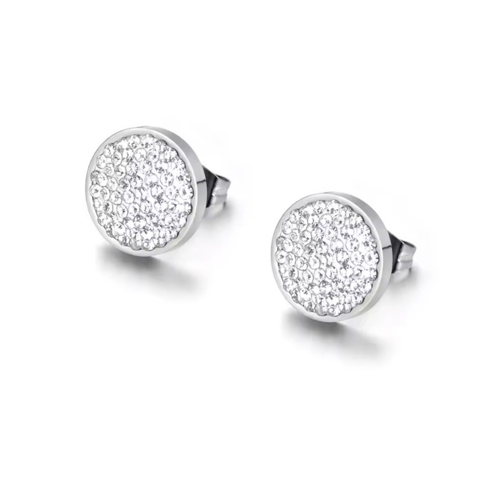 Sparkling Iced Crystal Round Stud Earrings Silver Plated Stainless‎